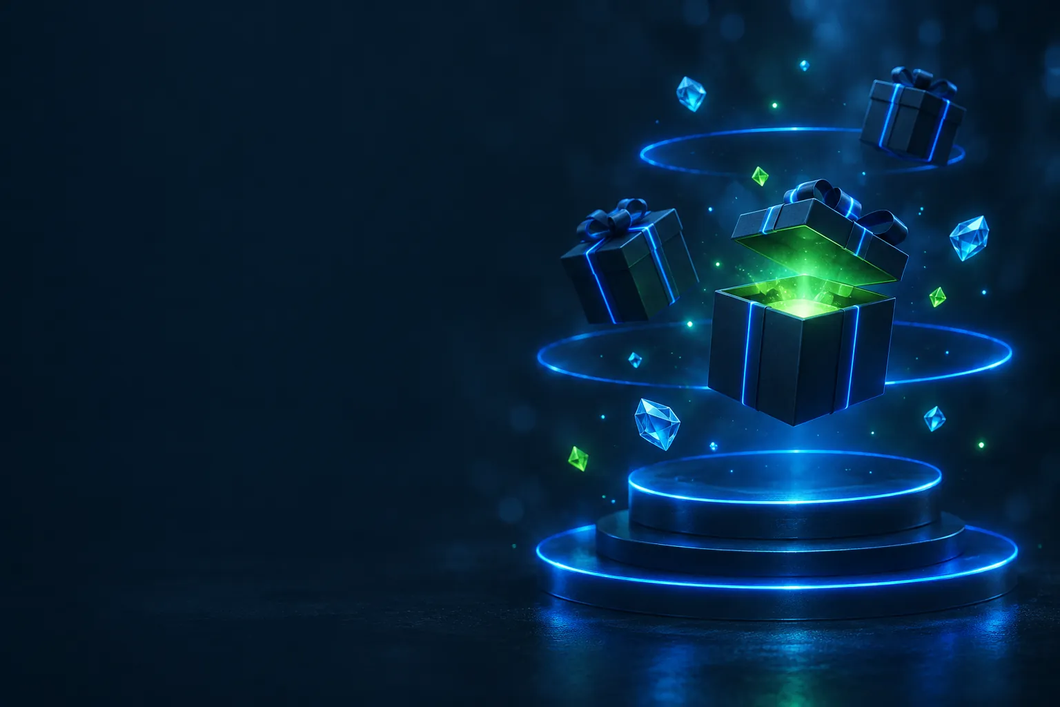 Floating gift boxes and glowing rings, artwork for Stake offers and rewards