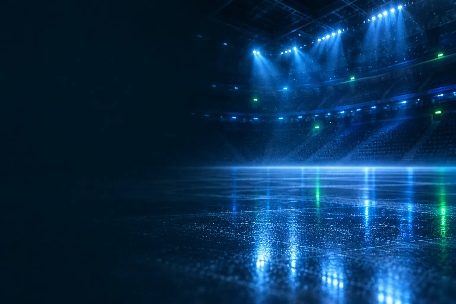 Empty ice hockey arena at night lit in cool blue, artwork for NHL betting at Stake