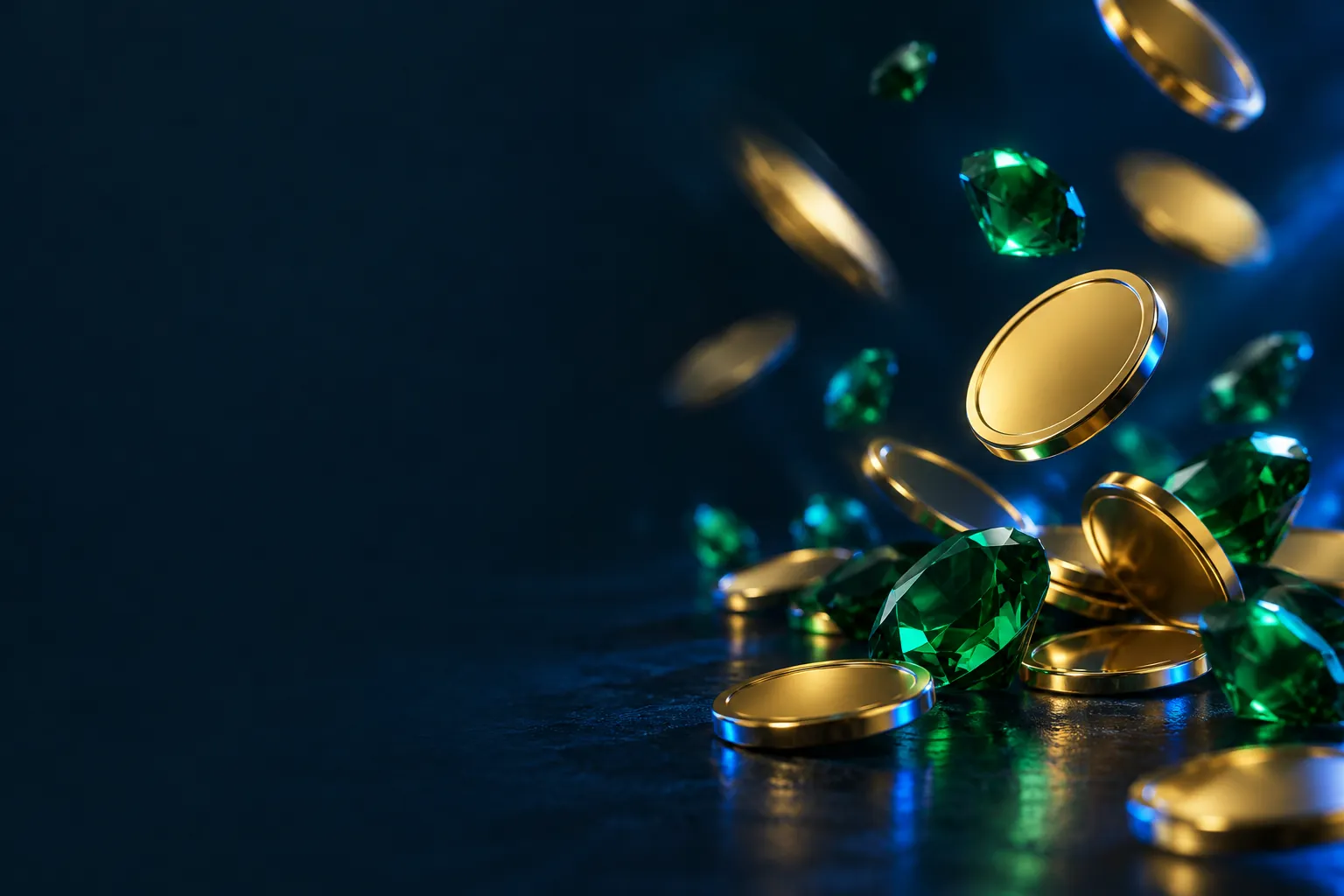 Gold Coins and green gems on a dark Stake.us style backdrop